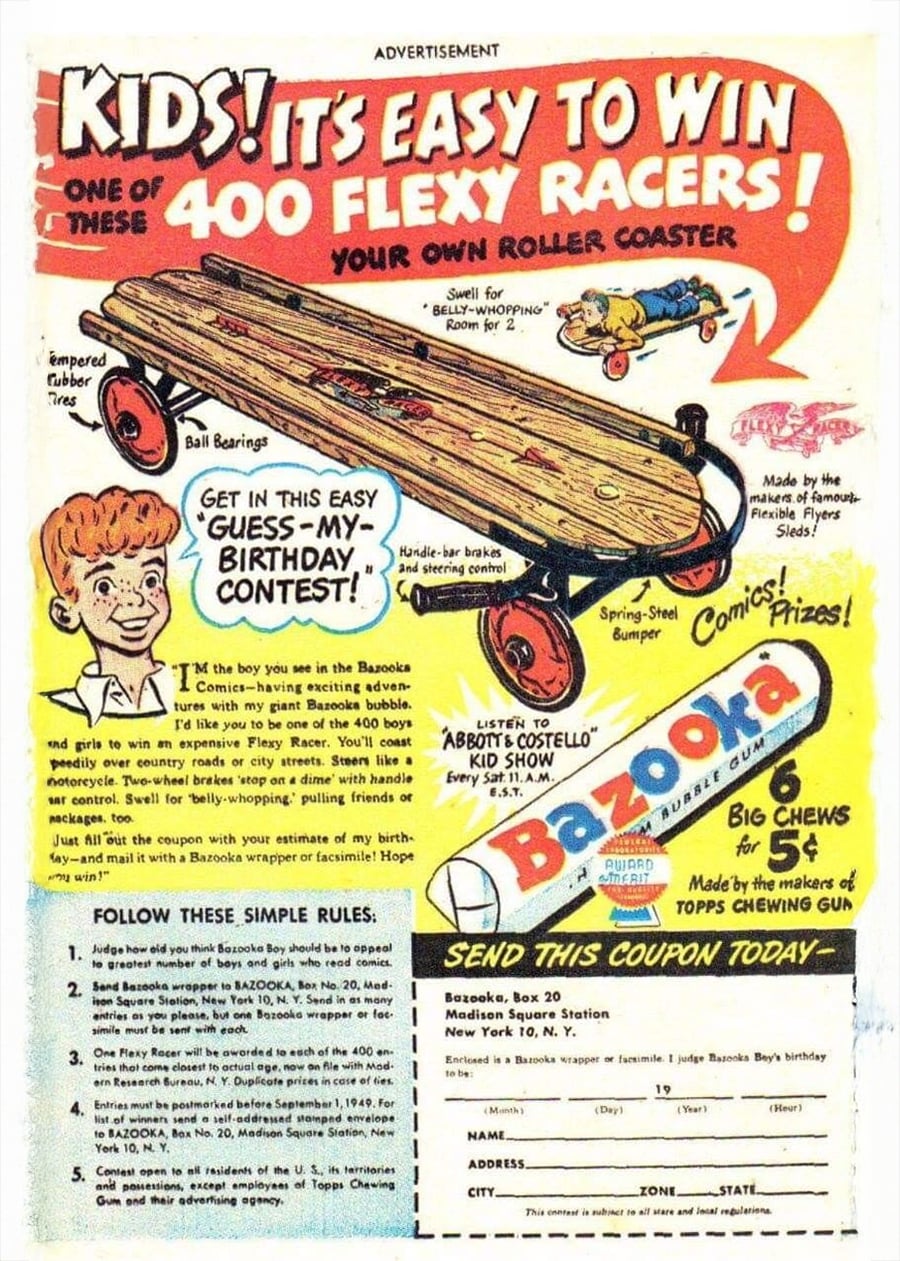 Colorful vintage ad showing a boy with a Bazooka gum bubble, promoting a contest to win a Flexy Racer scooter. Text touts “400 Flexy Racers” and includes entry rules and a coupon to mail in.