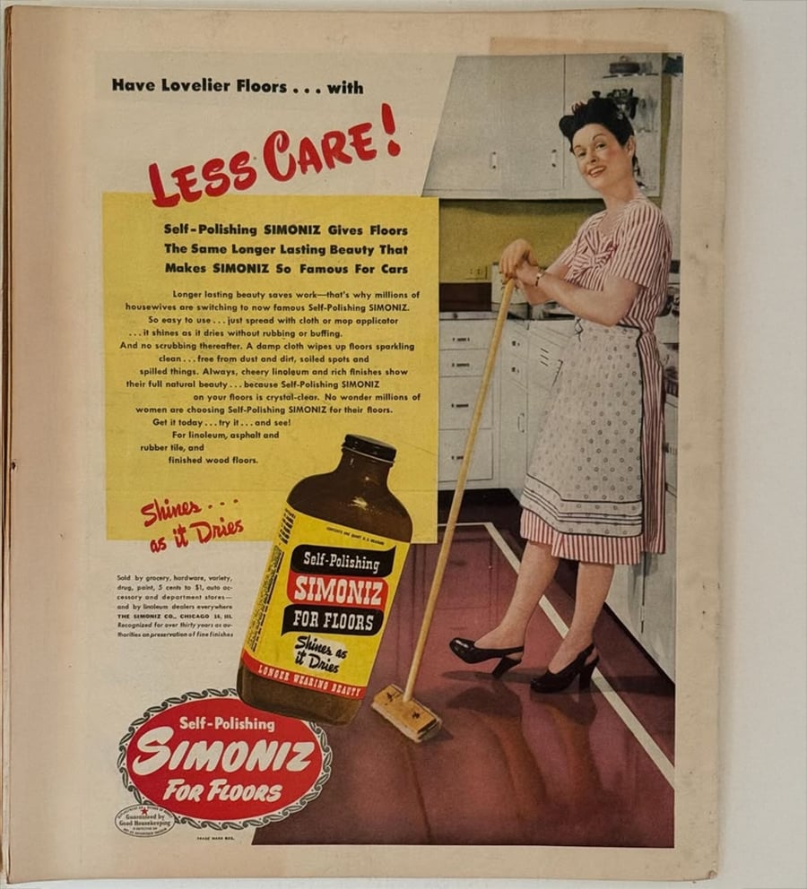 A woman in a pink dress mops a shiny kitchen floor. A large bottle of Simoniz For Floors cleaner is shown in the foreground. The ad promotes easy floor care with the slogan “Shines as it Dries!”