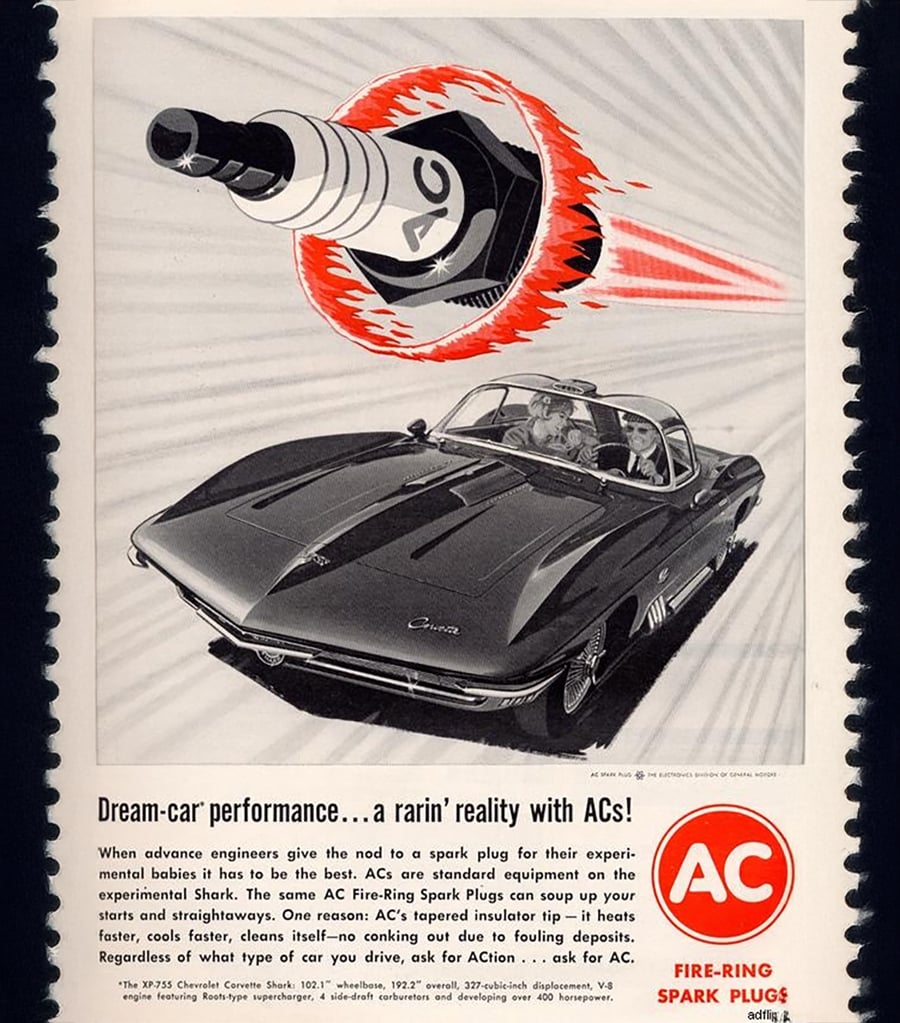 A vintage ad featuring a black Corvette Stingray with a dramatic spark plug above, radiating energy, promoting AC Fire-Ring Spark Plugs with bold text and detailed product description below.