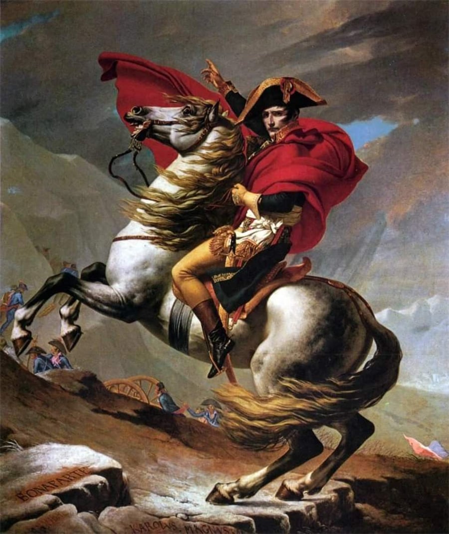 A man in a red cloak rides a rearing white horse up a rocky slope, pointing forward. The background shows dramatic clouds and distant figures. The scene is dynamic and heroic.