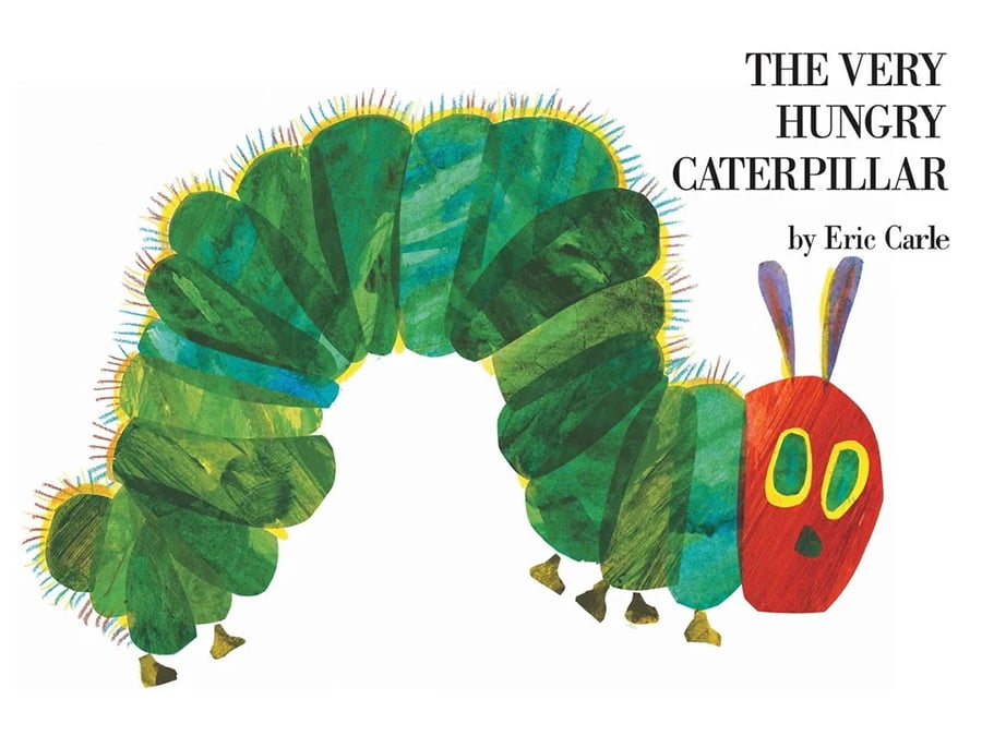 A colorful, illustrated caterpillar with a red head and green body is shown next to the title “The Very Hungry Caterpillar by Eric Carle” on a white background.