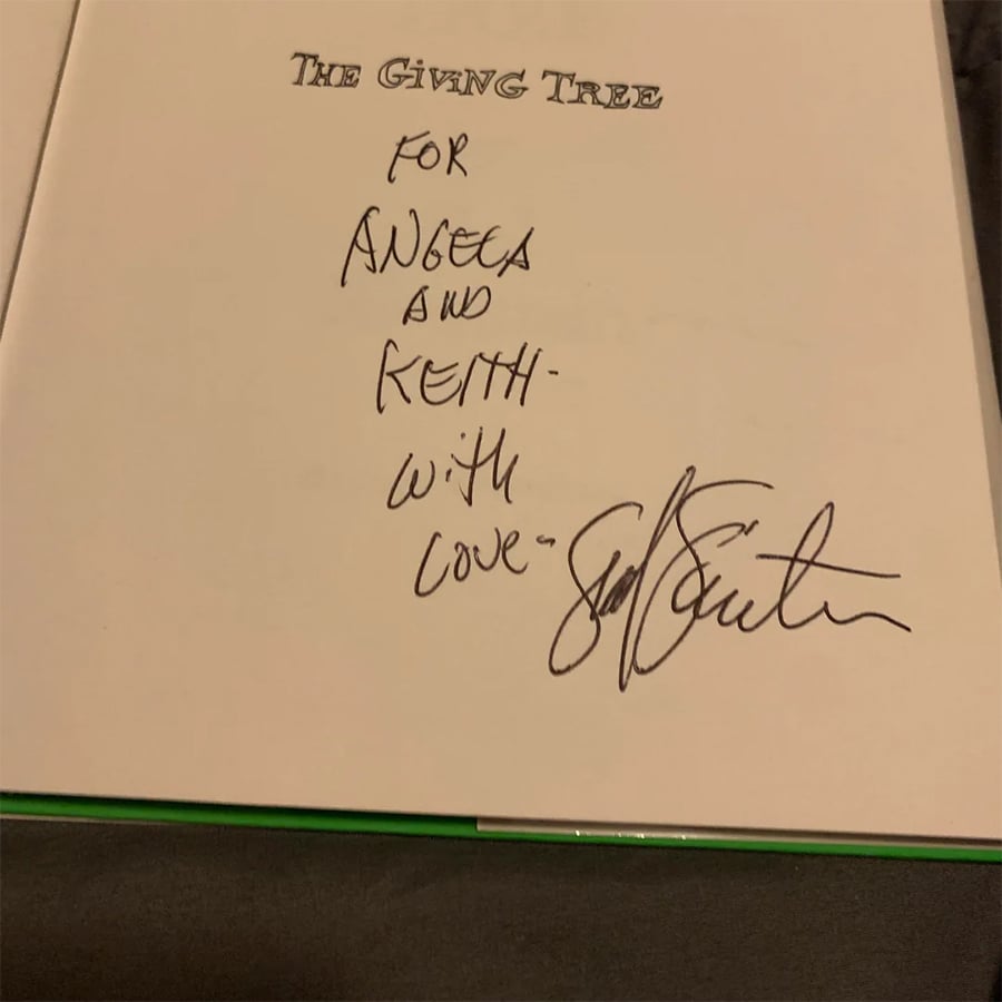 A handwritten note in “The Giving Tree” reads: “For Angela and Keith - with love,” followed by a signature.