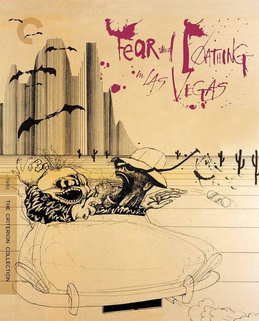 Two cartoonish figures drive a convertible through a desert with cacti and bats, skyscrapers in the background. Text reads “Fear and Loathing in Las Vegas.” Art style is sketchy and surreal.