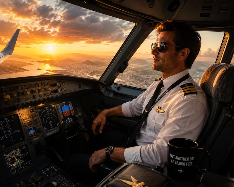 A pilot in uniform and sunglasses sits in an airplane cockpit at sunset, with city and mountains visible outside. A mug on the console reads, “Just another day at 35,000 feet.”