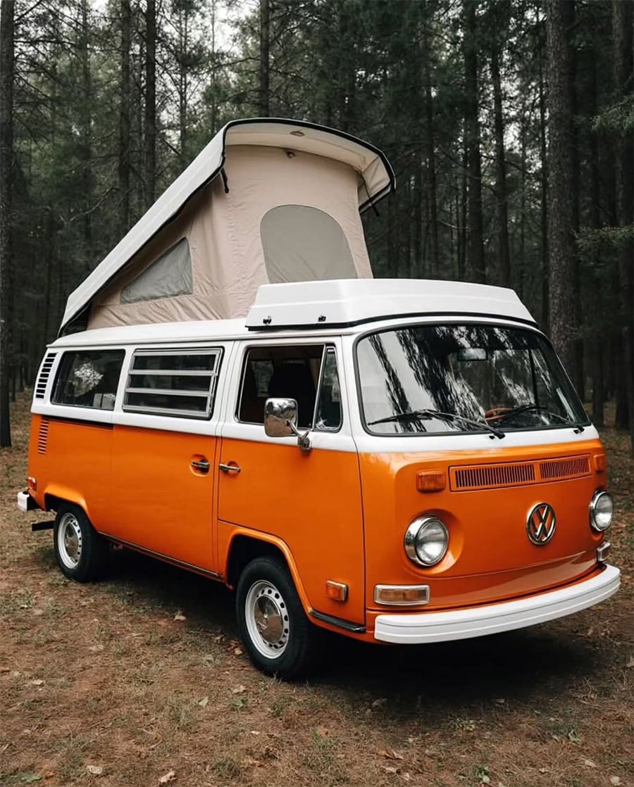 A vintage orange Volkswagen camper van with a pop-up roof is parked on a forest floor surrounded by tall trees.