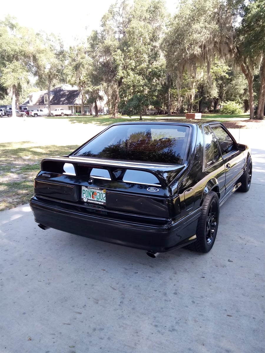 A black Ford Mustang with a rear spoiler is parked on a driveway. The car has Florida license plates and is surrounded by trees and grass on a sunny day.