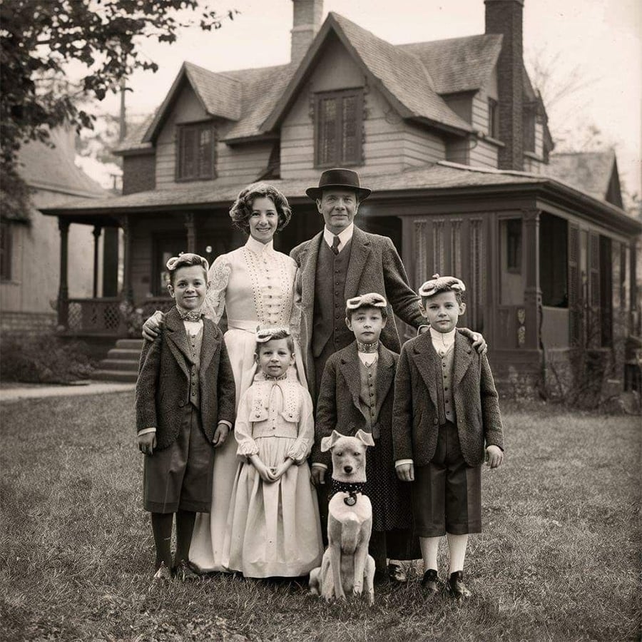 A vintage family portrait shows two adults, three children, and a dog standing on a lawn in front of a large house, all dressed in early 20th-century clothing, smiling at the camera.