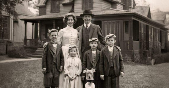 A vintage photo of a family with four children and a dog, all dressed in early 20th-century clothing, standing in front of a large wooden house.