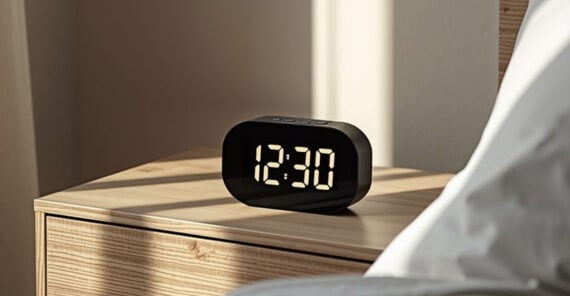 A digital alarm clock displaying 12:30 sits on a wooden bedside table next to a bed, with sunlight streaming in from a nearby window.