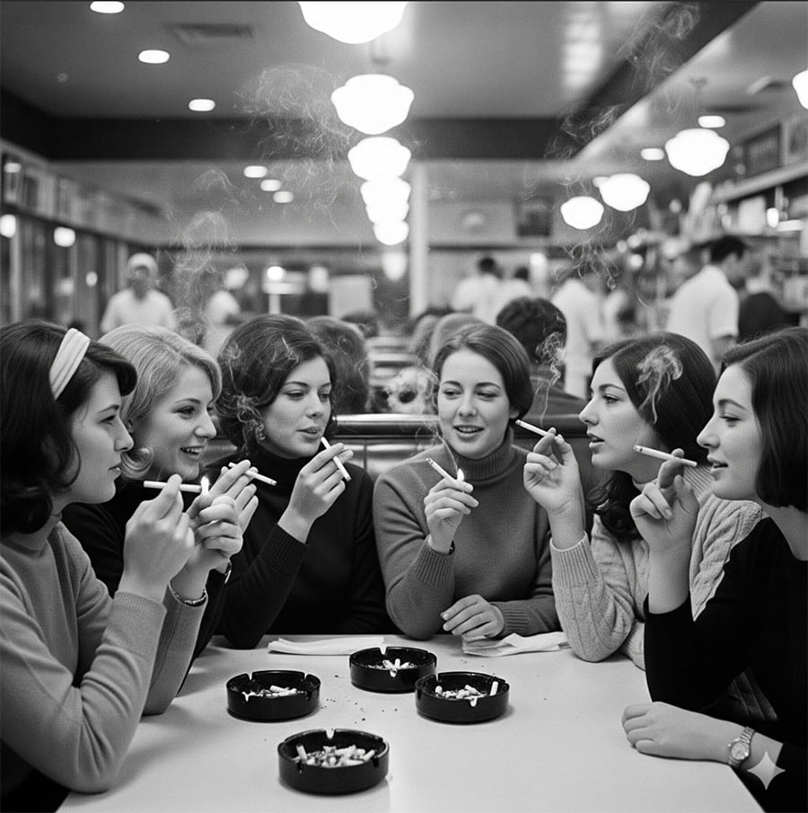 A group of six women sit around a table in a busy diner, smiling and smoking cigarettes. Ashtrays with cigarette butts are on the table, and other diners can be seen in the background.