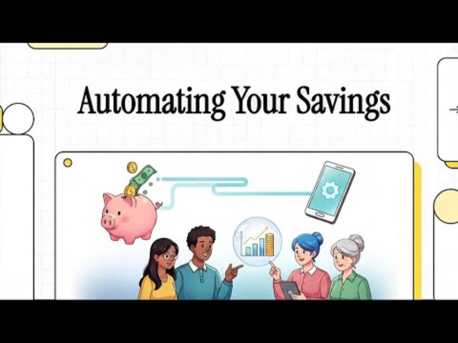 Illustration of four people discussing graphs, with a flying piggy bank, coins, and a phone above. Text reads “Automating Your Savings.”