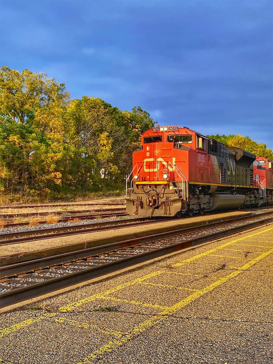 A bright red and black freight train sits on railway tracks next to trees with green and yellow leaves under a blue sky, with part of a road in the foreground.
