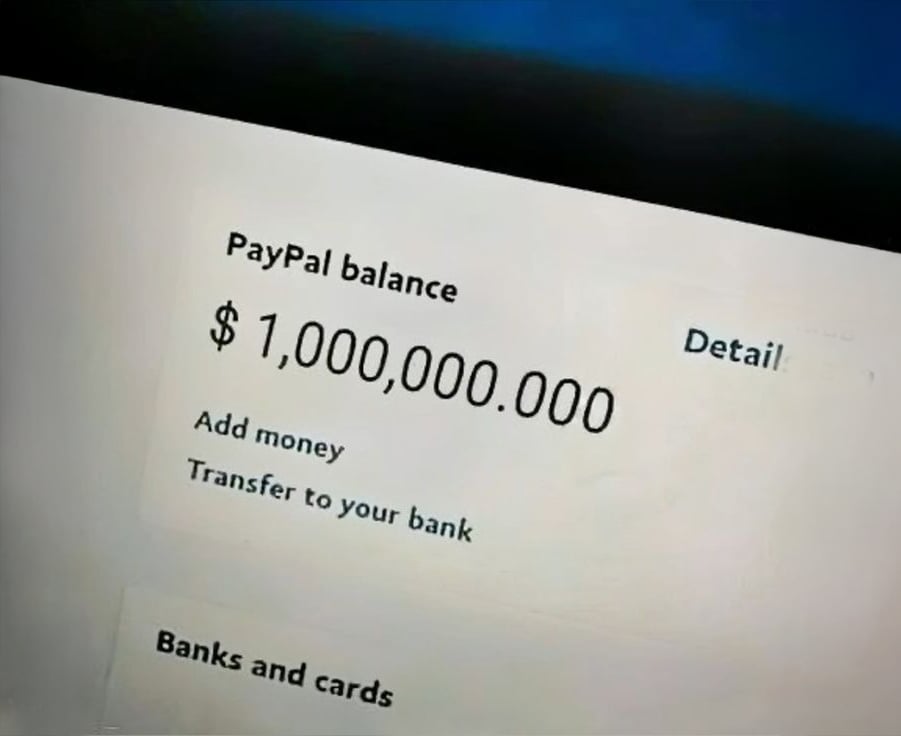 A computer screen shows a PayPal account with a balance of $1,000,000.000, along with options to add money or transfer to your bank.