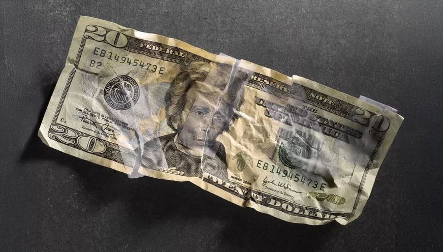 A crumpled twenty-dollar bill lies on a dark, textured surface, showing signs of wear and creases but remains mostly intact and clearly identifiable.