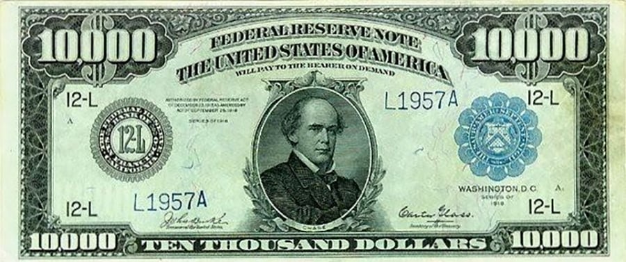 A U.S. $10,000 bill featuring a portrait of Salmon P. Chase in the center, with “TEN THOUSAND DOLLARS” printed at the bottom and various official seals and serial numbers.