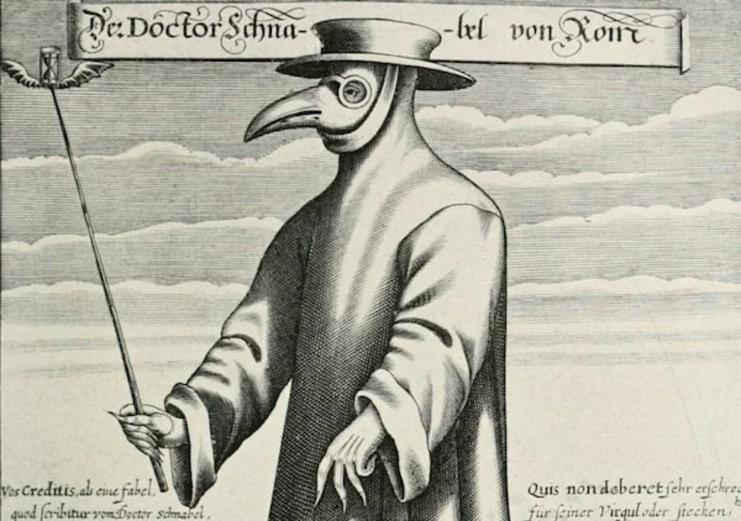 An old illustration of a plague doctor in a long coat, gloves, wide-brimmed hat, and a beaked mask, holding a staff with a bird perched on top. A decorative banner is above the figure’s head.