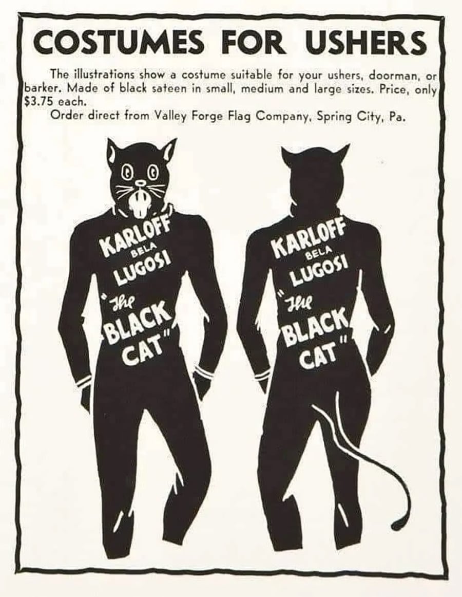 Vintage black-and-white ad shows front and back views of a cat costume for ushers, with a cat mask, tail, and “KARLOFF BELA LUGOSI THE BLACK CAT” printed on the chest.