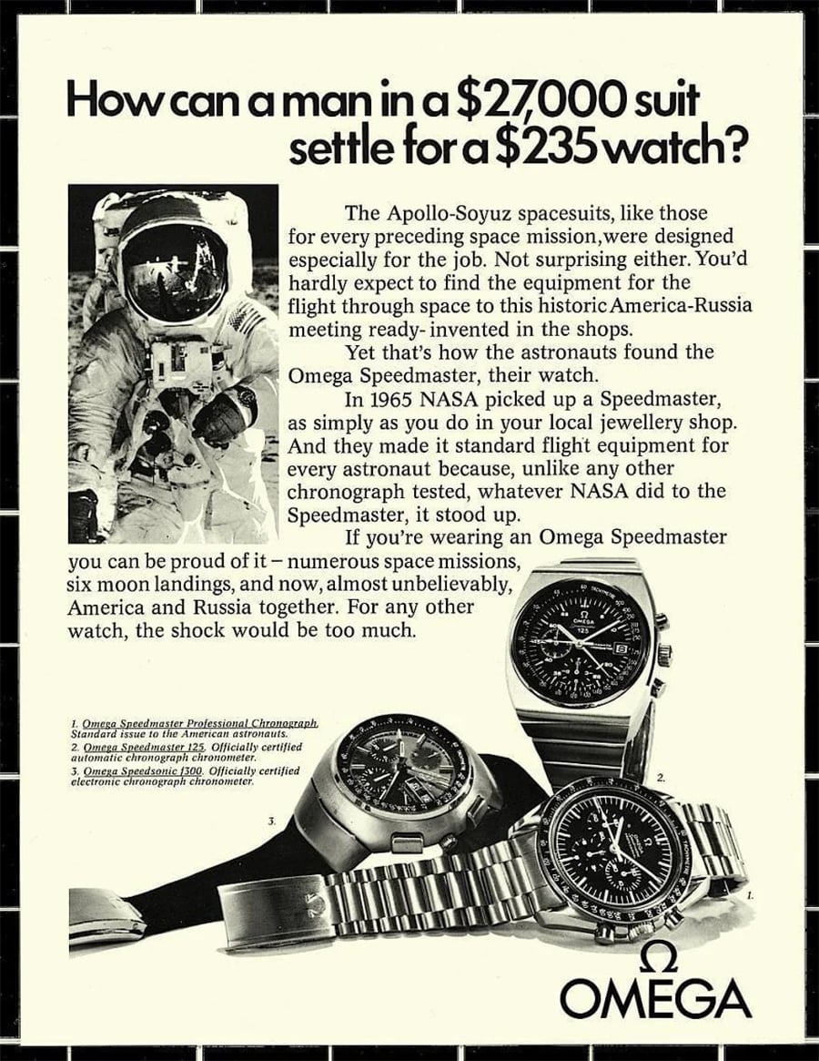 A vintage Omega ad features an astronaut on the moon beside text about Omega Speedmaster watches, with three watch close-ups displayed at the bottom, emphasizing the watch’s space mission reliability.