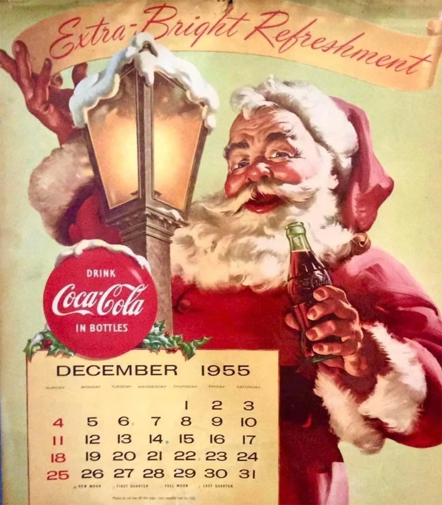 Vintage Coca-Cola ad featuring Santa Claus holding a Coke bottle and standing by a snowy lamp post, with a December 1955 calendar below and the slogan “Extra-Bright Refreshment” at the top.