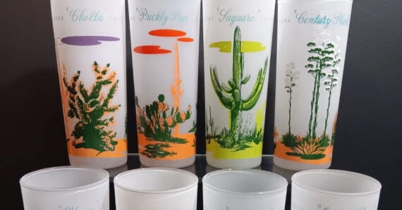 Four tall frosted glasses with colorful illustrations of various cacti and their names, including Cholla, Prickly Pear, Saguaro, and Century Plant, stand behind three plain short frosted glasses.