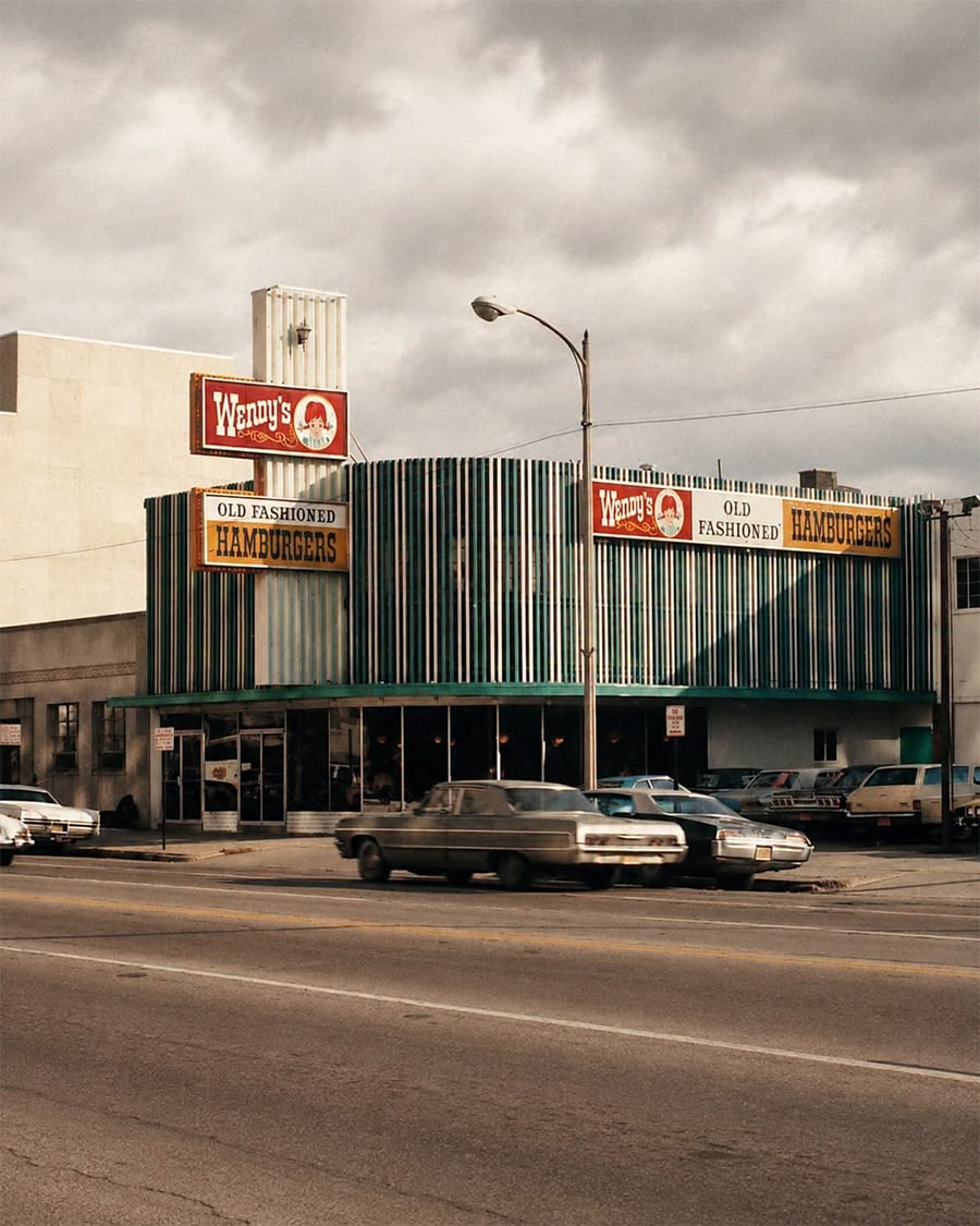 A Wendy’s restaurant with retro signage and striped exterior, vintage cars parked outside, and cloudy skies overhead on a quiet street.