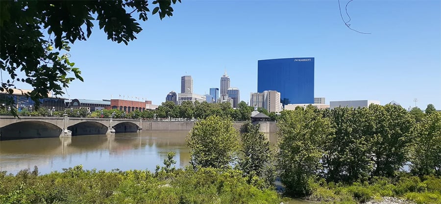 A city skyline with several tall buildings, a blue glass skyscraper, a bridge over a river, and trees in the foreground under a clear blue sky.