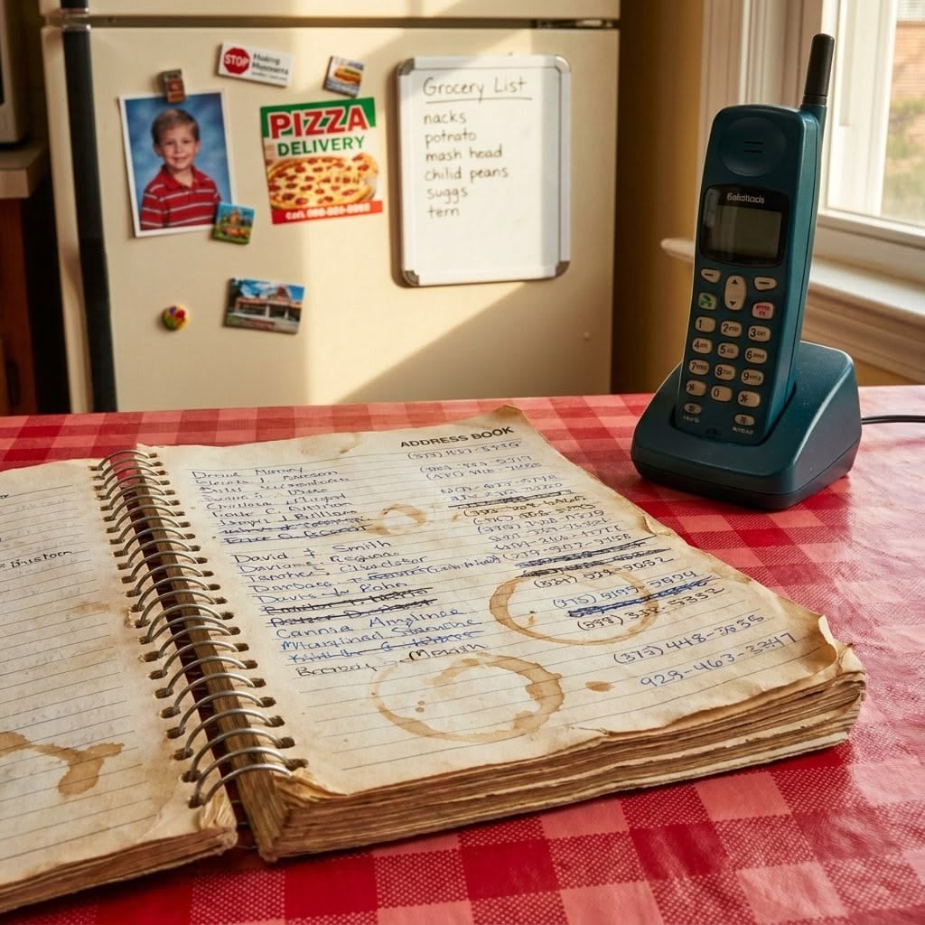 A stained address book, cordless phone, and a whiteboard grocery list sit on a red-checkered table in a cozy kitchen with a fridge covered in magnets and a child’s photo.