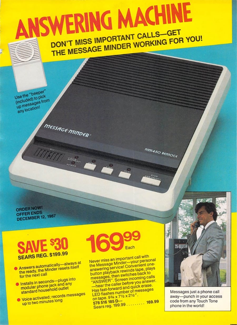 A vintage ad for the Message Minder answering machine features the device, a close-up of its buttons, and a man using a payphone. The ad highlights the reduced price and the machine’s features.