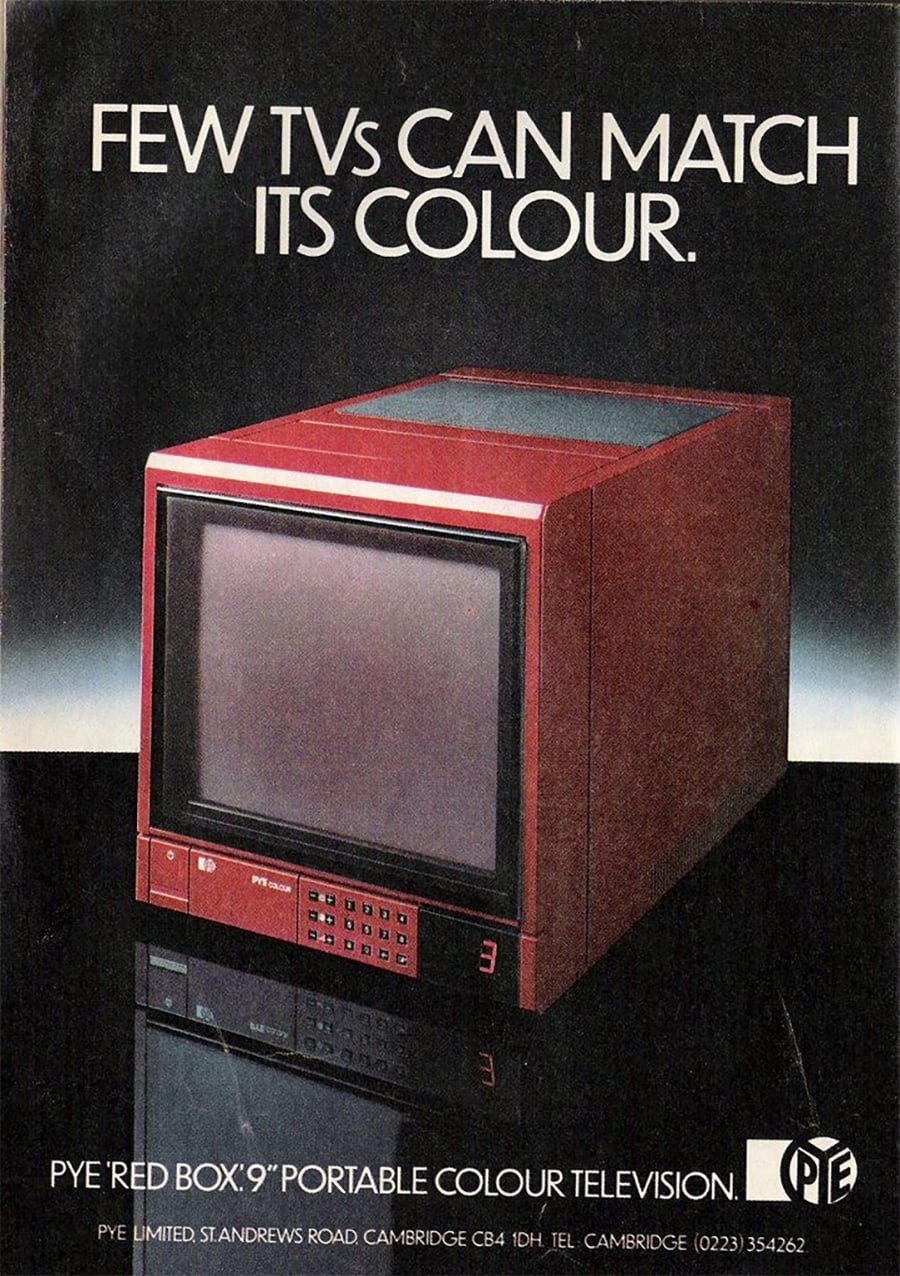 A vintage advertisement showing a red box-shaped portable color TV with the text “FEW TVs CAN MATCH ITS COLOUR. PYE ‘RED BOX 9’ PORTABLE COLOUR TELEVISION.”