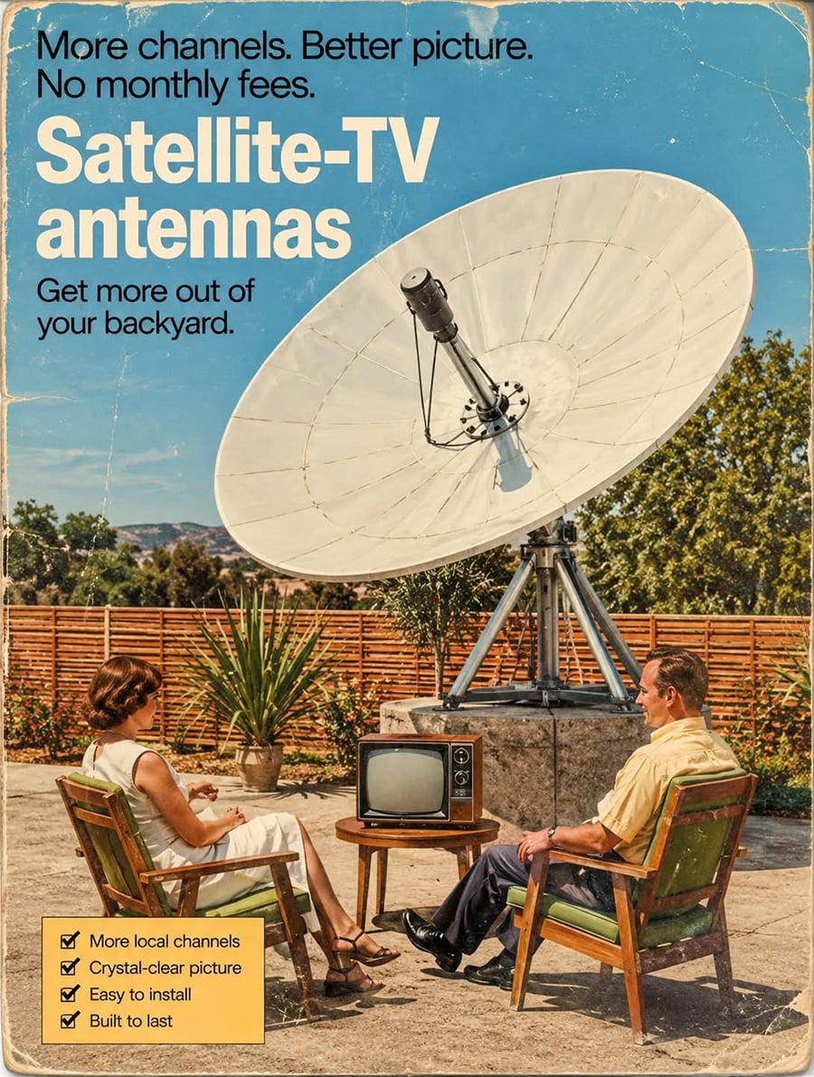 A vintage ad shows a man and woman sitting outdoors with a TV, connected to a large satellite dish. Headline reads: “Satellite-TV antennas.” Promises more channels, better picture, and no monthly fees.