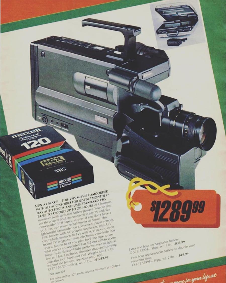 A vintage magazine ad for a VHS camcorder priced at $1289.99, with a box of VHS tapes beside it and product details in the background.