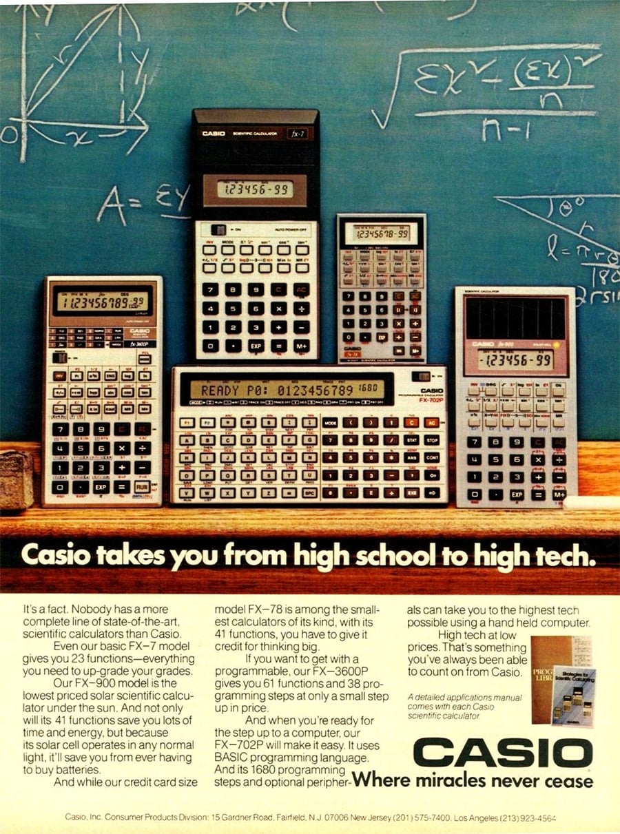Five Casio calculators are displayed in front of a chalkboard with math equations. The text promotes Casio calculators as essential tools for students, emphasizing their versatility and advanced features for high school to college.