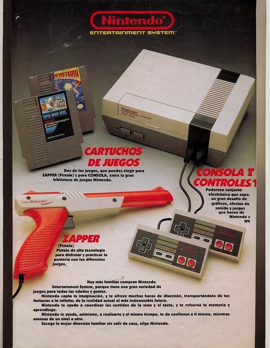 A vintage Nintendo Entertainment System ad in Spanish shows the NES console, controllers, Zapper light gun, and two game cartridges, with product descriptions and colorful branding.