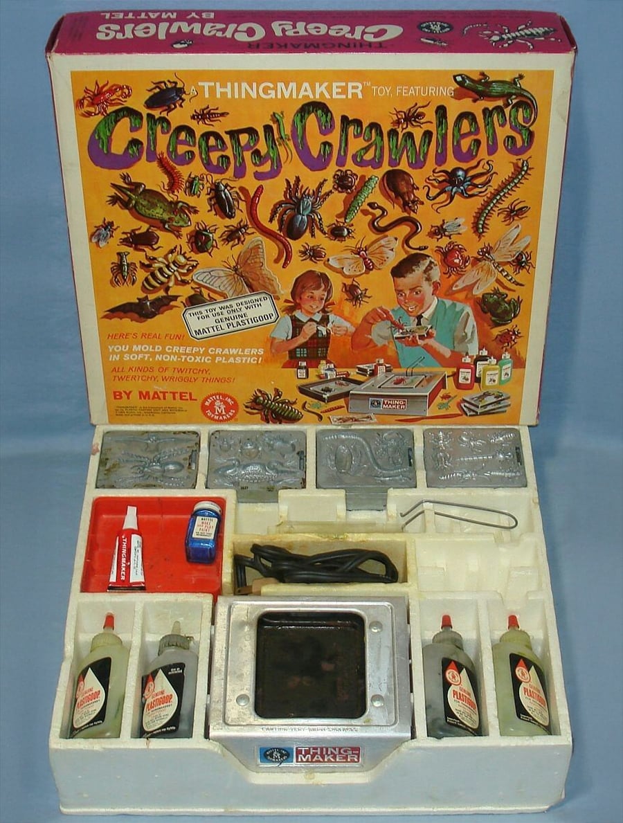 Vintage “Creepy Crawlers” Thingmaker toy set, with molds, bottles, and tools in a white tray. The colorful box shows children making bug-shaped toys.