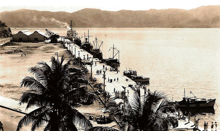 Vintage photo of a pier with docked ships, people walking, and palm trees in the foreground; mountains and water visible in the background.