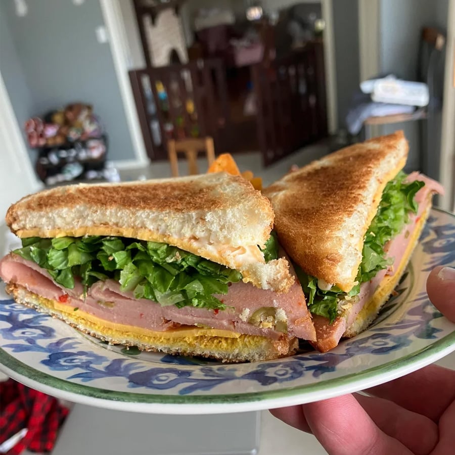 A hand holds a plate with two halves of a toasted sandwich filled with lettuce, sliced meat, cheese, and sauce. The background shows a room with various items and furniture.