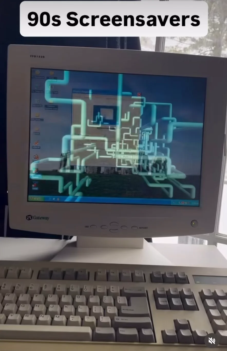 A vintage Gateway CRT monitor displays a colorful, maze-like screensaver. A classic beige keyboard sits in front. The caption above reads, “90s Screensavers.”