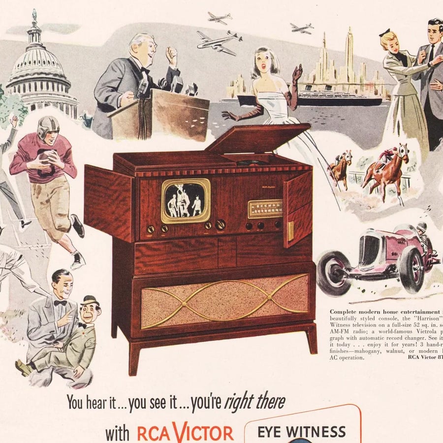 A vintage RCA Victor TV and radio console is surrounded by illustrated scenes: a car race, ballroom dancers, crime, politics, airplanes, and cityscape, showing the variety of entertainment and news it offers.