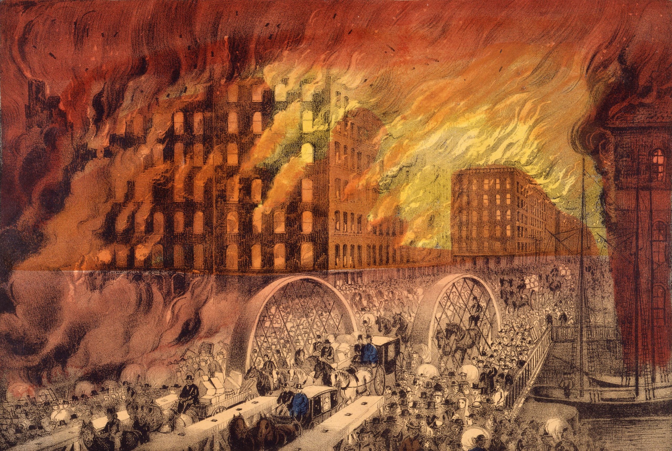 A crowd flees across a bridge as massive flames engulf tall buildings behind them, filling the sky with orange smoke. The scene appears chaotic and tense.