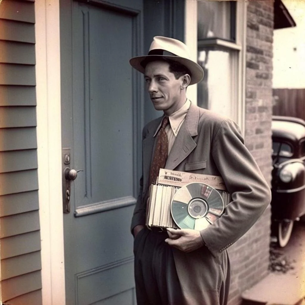 A man in a vintage suit and hat stands by a door, holding magazines and a CD, with an old car parked in the background.