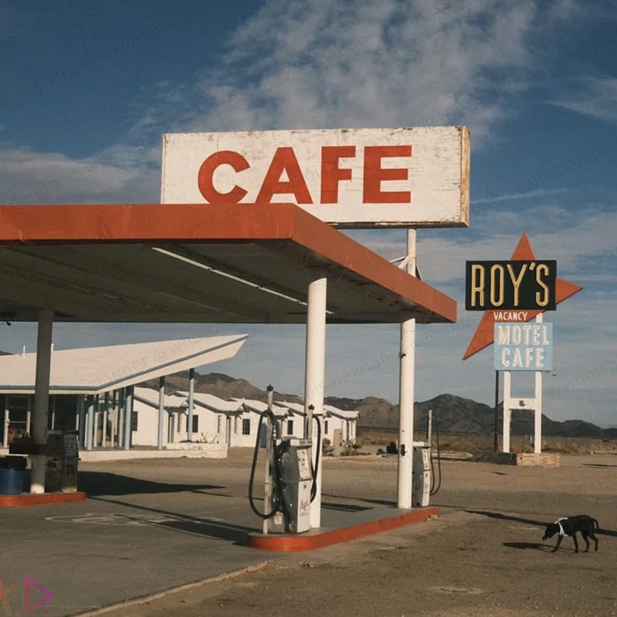 Desert scene with an old gas station, a large red “CAFE” sign, and “ROY’S MOTEL CAFE” sign in the background. A small black dog walks near the pumps. Mountains and clear sky in the distance.