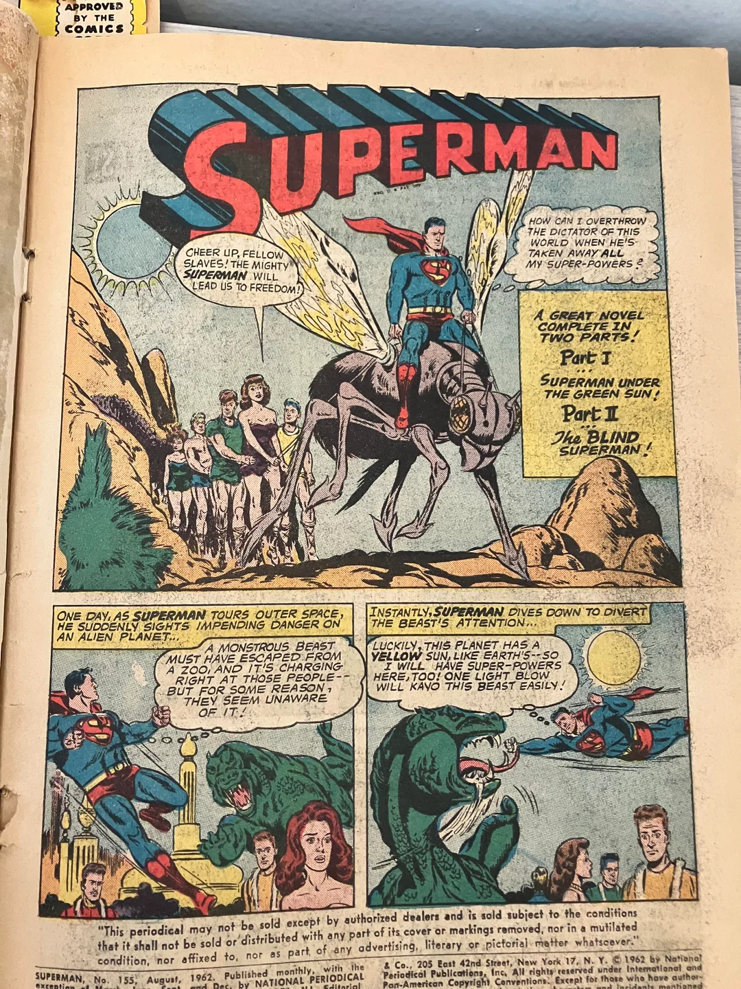 A vintage Superman comic page shows Superman on an alien planet, riding a winged creature, while people watch. Below, he battles a green monster. The comic is colorful, with dialogue and narration text boxes.