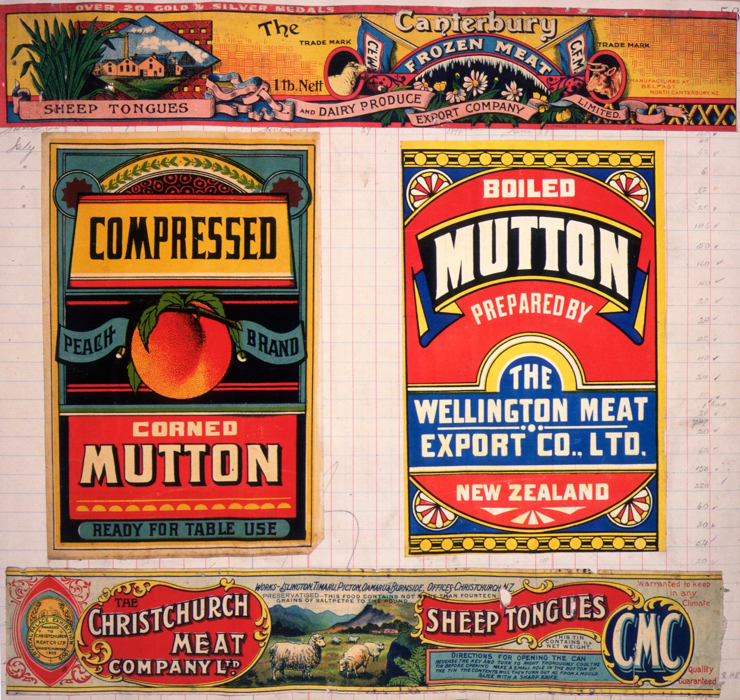 Vintage labels for mutton and sheep tongues from New Zealand meat companies, featuring bold colors, intricate borders, and illustrations of a peach and rural landscape.