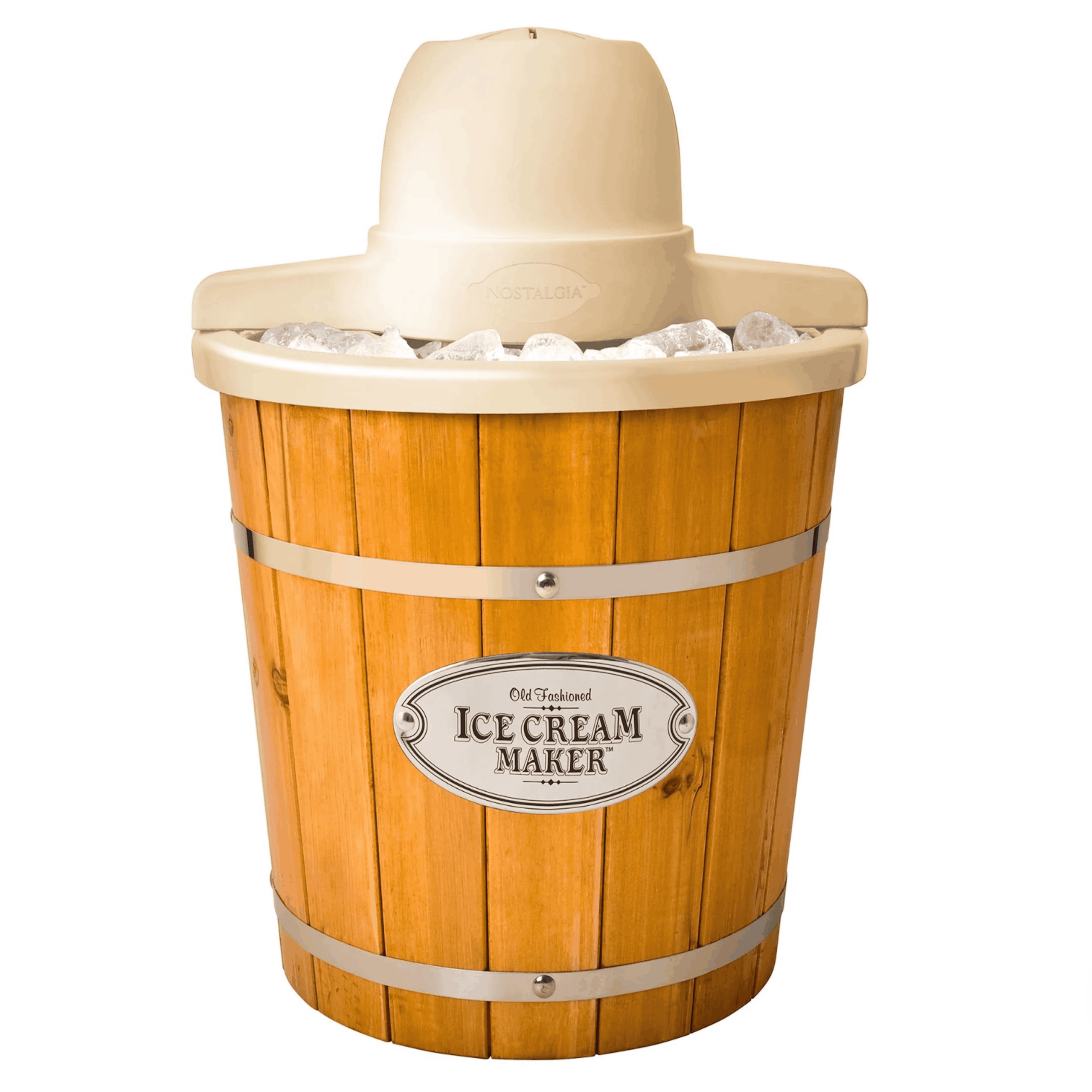 A wooden old-fashioned ice cream maker with a cream-colored lid, filled with ice, and a metal label on the front that reads “Ice Cream Maker.”