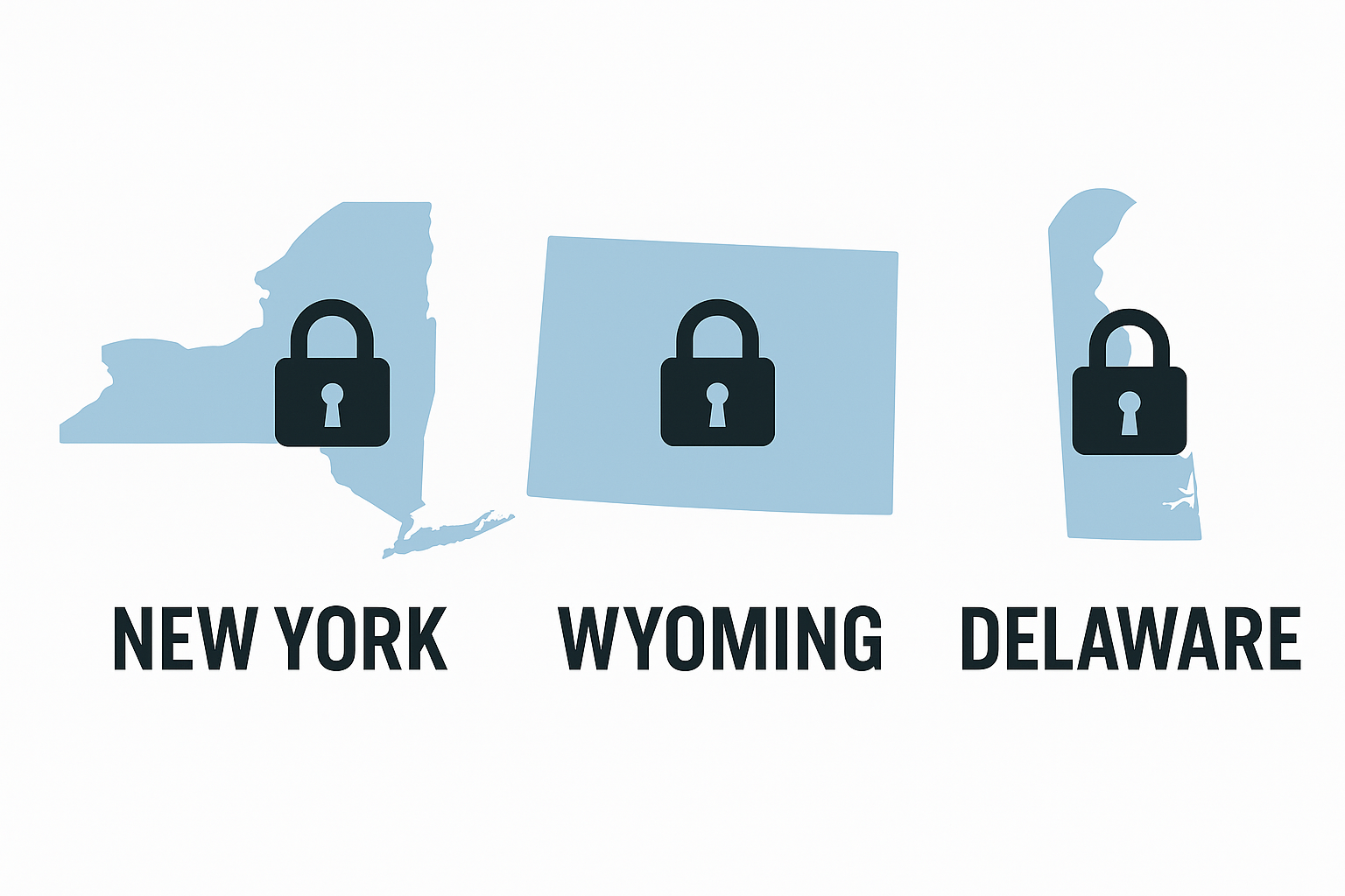 Three blue state outlines—New York, Wyoming, and Delaware—each with a black padlock icon over them. The state names are written in bold black letters below each outline.