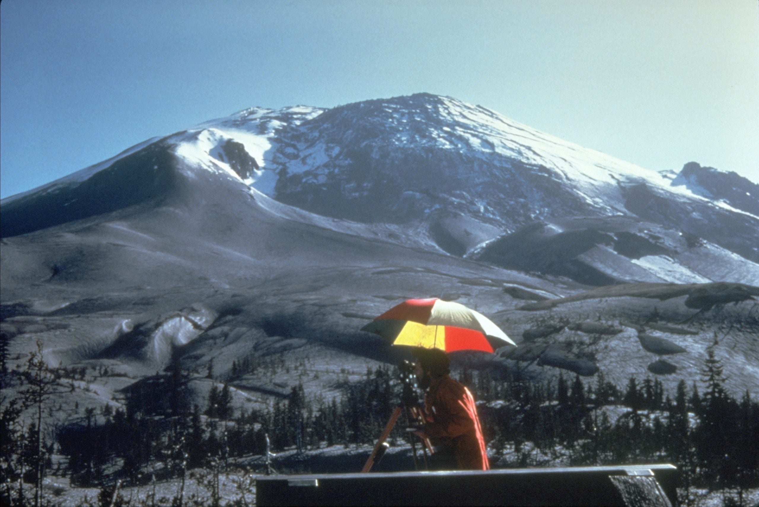A person holding a red, yellow, and white umbrella stands in front of a snow-covered mountain under a clear sky, surrounded by sparse trees and rocky terrain.