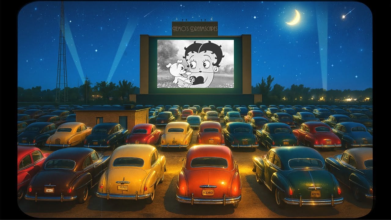 A night scene at a retro drive-in theater shows rows of vintage cars parked facing a screen, which displays a black-and-white cartoon. A crescent moon and stars shine in the sky, and spotlights beam upward.