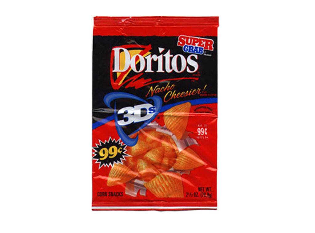 A red bag of Doritos 3D’s Nacho Cheesier corn snacks with “SUPER GRAB” and “99¢” displayed on the packaging, featuring an image of the 3D triangular chips.