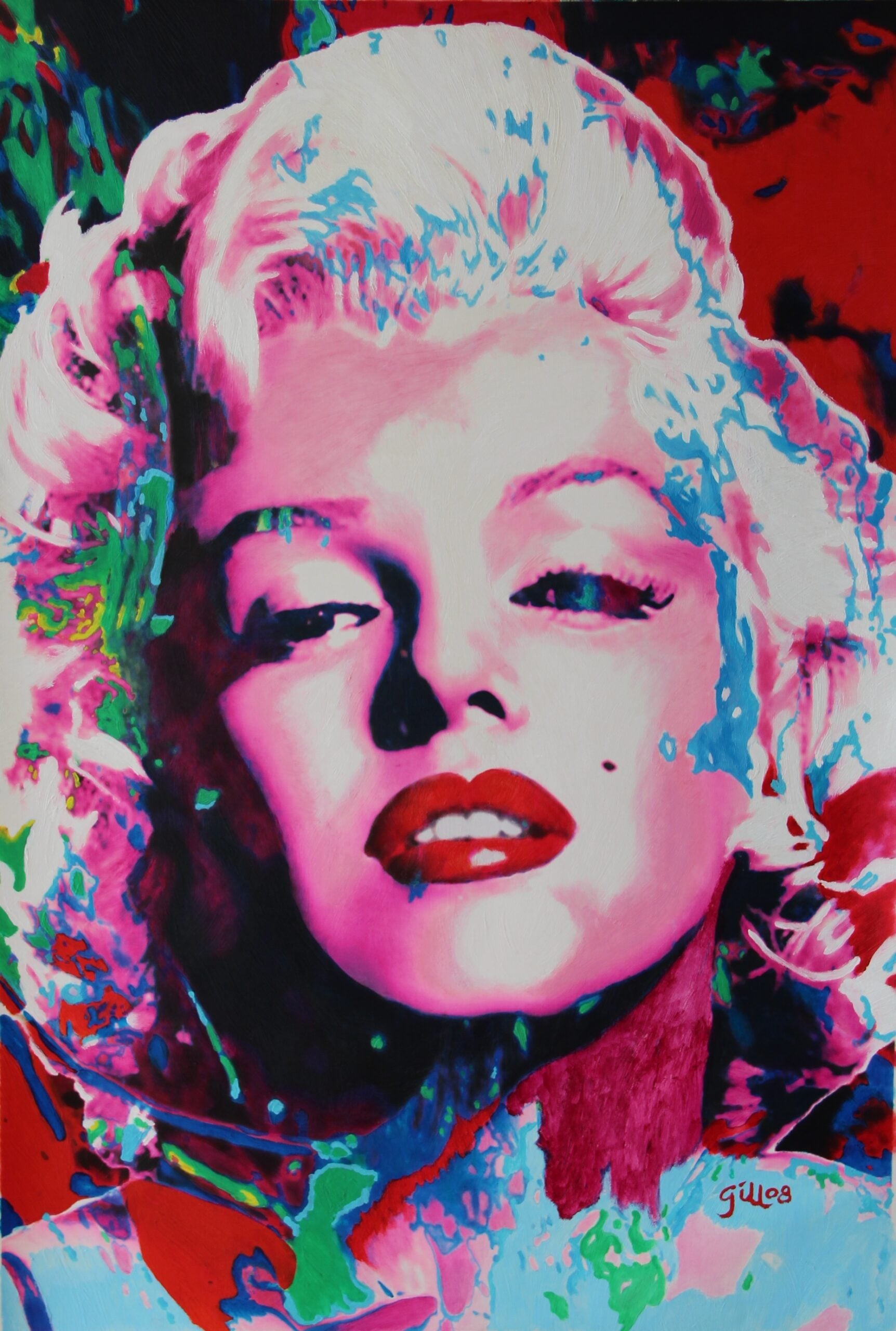 A colorful, abstract pop art painting of a woman with blonde hair, red lips, and a beauty mark on her cheek. Bright pink, blue, and green splashes overlay her face for a vibrant, dramatic effect.