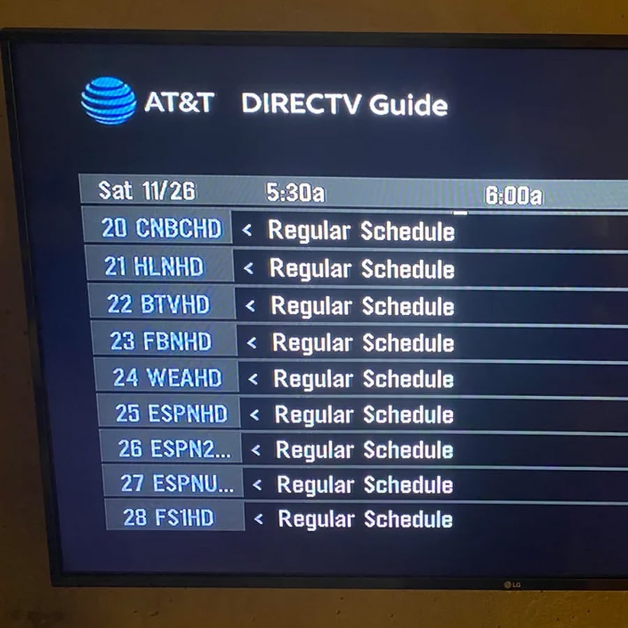 A TV screen shows the DirecTV Guide menu listing channels 20 to 28, each displaying “Regular Schedule” programming from 5:30 AM to 6:00 AM.